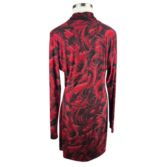 Norma Kamali Faux Wrap Dress Red & Black Feather Print Size XXL 2XL Office Chic - Picture 14 of 16